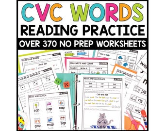 CVC Words Reading Practice Printable Worksheets | NO PREP Phonics Fluency Activities