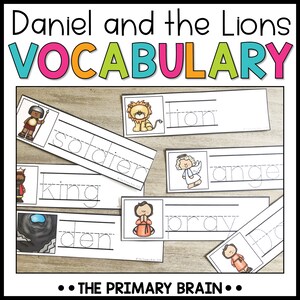 May include: A set of printable flashcards featuring illustrations of characters and objects from the story of Daniel and the Lions. The flashcards include words like "soldier", "lion", "angel", "king", "den", and "pray".