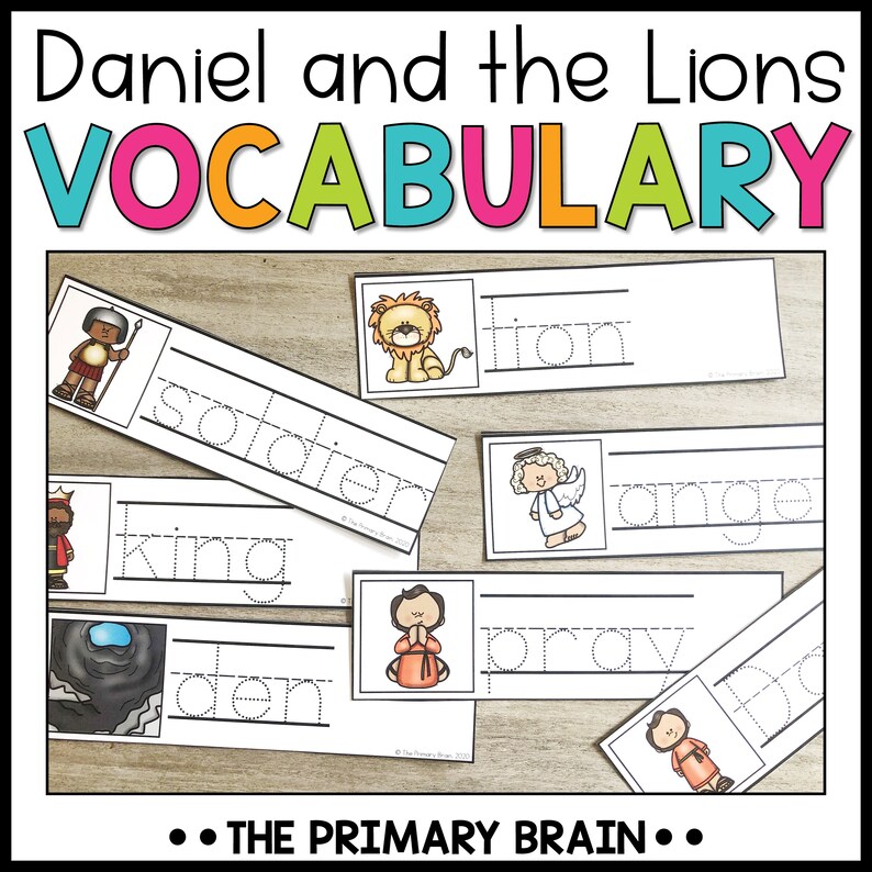 May include: A set of printable flashcards featuring illustrations of characters and objects from the story of Daniel and the Lions. The flashcards include words like "soldier", "lion", "angel", "king", "den", and "pray".