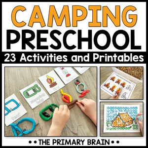 May include: A set of 23 camping-themed preschool activities and printables. The image shows a child using play dough to create a campfire, a tent, and a sleeping bag. There are also images of a tent, a campfire, and a sleeping bag on cards. The image also shows a printable activity with a tent and a campfire.