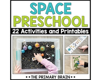 May include: A set of 22 space-themed preschool activities and printables. The image shows three examples: a sensory bin with black beans, planets, and an astronaut; a number line with planets and stars; and a paper bag with an alien on it.