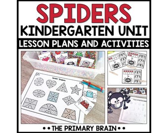 May include: A collection of educational materials for a kindergarten unit on spiders. The image includes lesson plans, activity sheets, and a container with spider-themed cards. The text "SPIDERS KINDERGARTEN UNIT LESSON PLANS AND ACTIVITIES" is displayed at the top.