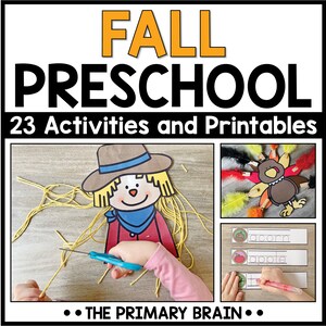 May include: A colourful image with the text "FALL PRESCHOOL 23 Activities and Printables" at the top. The image shows three different activities for preschoolers, including a scarecrow craft, a turkey craft, and a writing activity.