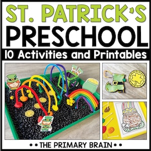 May include: St. Patrick's Preschool 10 Activities and Printables. A green, black, and gold sensory bin with rainbow-shaped pipe cleaners, shamrock-shaped beads, and gold coins. A leprechaun and pot of gold are visible in the background.