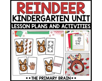 May include: A Reindeer Kindergarten Unit lesson plan and activity set featuring educational cards with reindeer illustrations, numbers, dice patterns, and counting dots. Includes a worksheet on a clipboard and cut-out reindeer shapes.