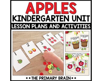 May include: Educational kindergarten lesson plans and activities featuring apples. The image includes cards with apple illustrations and numbers, along with colorful buttons and additional apple-themed graphics. The text at the top reads "APPLES KINDERGARTEN UNIT LESSON PLANS AND ACTIVITIES."
