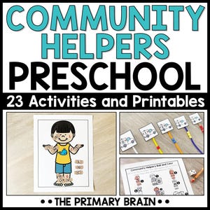 May include: A colorful printable pack for preschoolers featuring community helpers. The pack includes 23 activities and printables. The image shows a cartoon illustration of a community helper with bandages and a title that reads "Community Helpers Preschool 23 Activities and Printables".