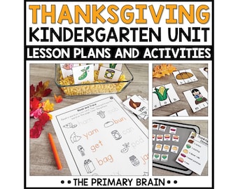 May include: A Thanksgiving Kindergarten Unit educational resource featuring lesson plans and activities. The set includes a Read and Trace worksheet, word cards with food illustrations, a glass dish filled with macaroni, and a dinner list card.