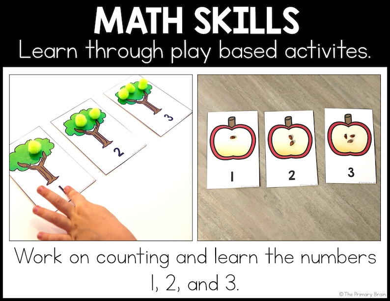 May include: A set of three printable cards featuring apple trees with different numbers of apples. The cards are labeled with the numbers 1, 2, and 3. A child's hand is pointing to the card with one apple. The cards are on a wooden surface.  The text "MATH SKILLS" is at the top of the image. The text "Learn through play based activities." is below the image. The text "Work on counting and learn the numbers 1, 2, and 3." is at the bottom of the image.