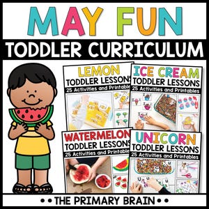 Pode incluir: Um gráfico educacional colorido com o texto "MAY FUN TODDLER CURRICULUM". Apresenta uma criança de desenho animado segurando uma melancia e quatro capas de planos de aula: "LEMON", "ICE CREAM", "WATERMELON" e "UNICORN". Cada plano de aula inclui "25 Atividades e Materiais para Imprimir".