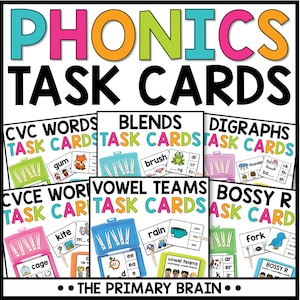 Phonics Clip Cards for Task Card Boxes BUNDLE - CVC Words, Blends, Digraphs, Bossy R, CVCe, and Vowel Teams Literacy Centers and Activities