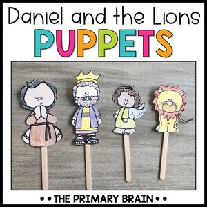 May include: A set of four colorful paper puppets depicting the story of Daniel and the Lions. The puppets include Daniel, a king, an angel, and a lion. The puppets are attached to wooden sticks.