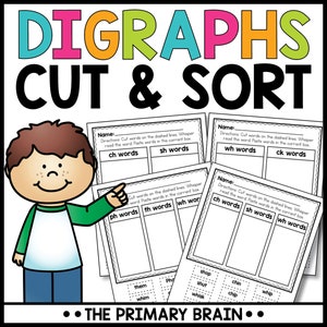 May include: A printable educational activity for children to learn about digraphs. The worksheet features a cartoon boy pointing to the words "ph words", "th words", and "wh words". The worksheet also includes a list of words to cut out and sort into the correct category.