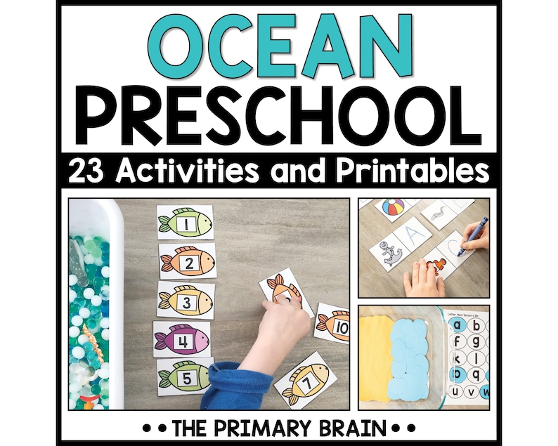 May include: Ocean Preschool activities and printables. The image shows three different activities: a number matching activity with fish, a letter matching activity with ocean-themed pictures, and a letter matching activity with blue circles in a clear container.