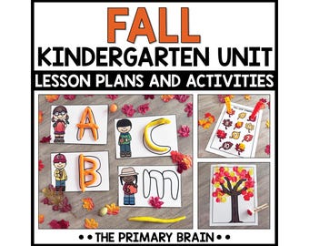 May include: A colorful educational resource for kindergarten featuring the text "FALL KINDERGARTEN UNIT LESSON PLANS AND ACTIVITIES." The image includes illustrations of the alphabet, fall leaves, and a tree with colorful leaves. The Primary Brain logo is at the bottom.