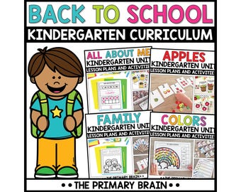 May include: A Back to School Kindergarten Curriculum educational resource featuring a cartoon student with a backpack. The display includes lesson plans and activity sheets titled All About Me, Apples, Family, and Colors with colorful graphics.