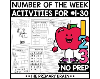 May include: Educational worksheets titled Number of the Week Activities for 1-30 No Prep by The Primary Brain. The pages feature black and white math exercises with numbers, tracing, and counting tasks, alongside a red apple character holding 1-2-3.