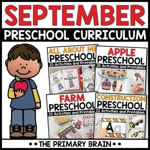 May include: A colorful preschool curriculum graphic with the text "SEPTEMBER PRESCHOOL CURRICULUM" in red. The image includes a cartoon child holding an apple and four educational activity sets: "ALL ABOUT ME," "APPLE PRESCHOOL," "FARM PRESCHOOL," and "CONSTRUCTION PRESCHOOL."
