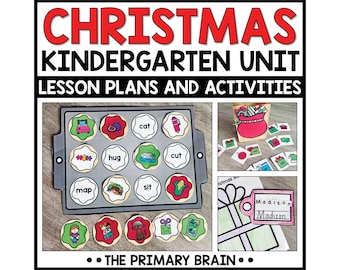 May include: A Christmas kindergarten unit lesson plan and activity set featuring a muffin tin with circular word and image cards, a red gift bag with small illustrated cards, and a gift-shaped name tag with the name Madison printed on it.