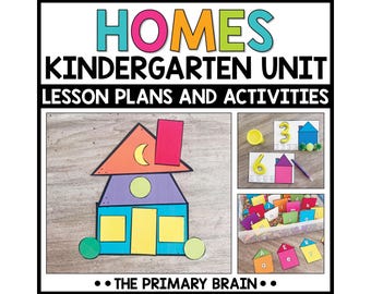 May include: A colorful educational resource titled "HOMES KINDERGARTEN UNIT LESSON PLANS AND ACTIVITIES." The image features a house-shaped craft with geometric shapes, along with number and letter activities. The Primary Brain is also displayed.