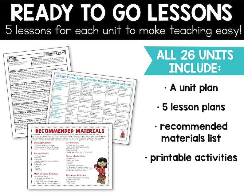 Ready to Go Lessons: 5 lessons for each unit to make teaching easy! All 26 units include: a unit plan, 5 lesson plans, recommended materials list, and printable activities.