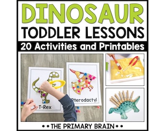 Peut inclure: Un ensemble de 20 activités et imprimés sur le thème des dinosaures pour les tout-petits. L'image montre un enfant en train de compléter une activité de points à relier avec un T-Rex, un squelette de dinosaure dans un bac à sable et un stégosaure fait avec des pinces à linge.