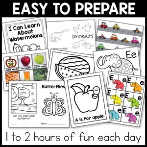 Easy to prepare for 1 to 2 hours of fun each day. 9 images are shown of printable activities found in this toddler alphabet curriculum.