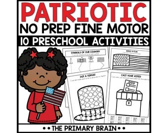 May include: A patriotic-themed educational resource for preschool activities. The image features a cartoon illustration of a child holding a small American flag, with the text "PATRIOTIC" at the top. Various activity sheets are visible, including "Symbols of Our Country" and "Build a Flag."
