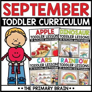 Puede incluir: Una imagen educativa colorida para niños pequeños. La imagen presenta el texto "SEPTEMBER TODDLER CURRICULUM" en rojo. Incluye planes de lecciones sobre manzanas, dinosaurios, coches y arcoíris. Un niño de dibujos animados sostiene una manzana sonriente.