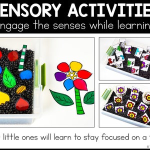 Sensory Activities engage the senses while learning. Your little ones will learn to stay focused on a task. 3 images are shown of sensory bins.