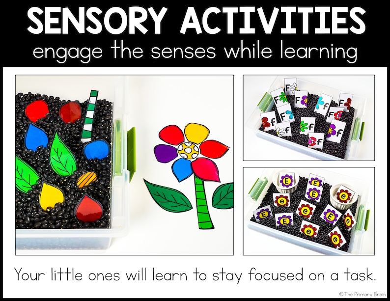 Sensory Activities engage the senses while learning. Your little ones will learn to stay focused on a task. 3 images are shown of sensory bins.