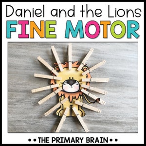 May include: A brown wooden lion with a yellow mane and a red nose. The lion is surrounded by wooden clothespins. The text "FINE MOTOR" is written in colorful letters above the lion. The text "THE PRIMARY BRAIN" is written below the lion.