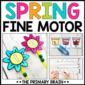 May include: Spring fine motor skills activity with colorful flower crafts, tweezers, and number matching.  The image also shows a child tracing wavy lines with a pencil.