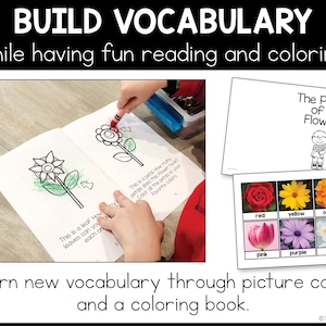 Build Vocabulary while having fun reading and coloring. Learn vocabulary through picture cards and a coloring book. Two images are shown of a Parts of a Flower book and a sheet of color words flower vocabulary cards.