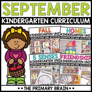 Könnte beinhalten: Eine digitale Bildungsressource mit dem Titel SEPTEMBER KINDERGARTEN CURRICULUM von THE PRIMARY BRAIN. Sie zeigt eine Zeichentrickfigur mit einem Apfelkorb und vier Einheiten: FALL, HOMES, 5 SENSES und FRIENDSHIP mit Unterrichtsplänen.