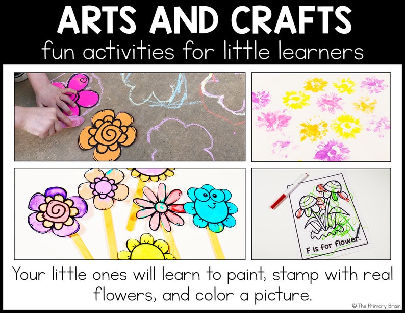 Arts and Crafts is the main title. Fun activities for little learners is the subtitle. Learn new skills through hands-on crafts! 4 images are shown.