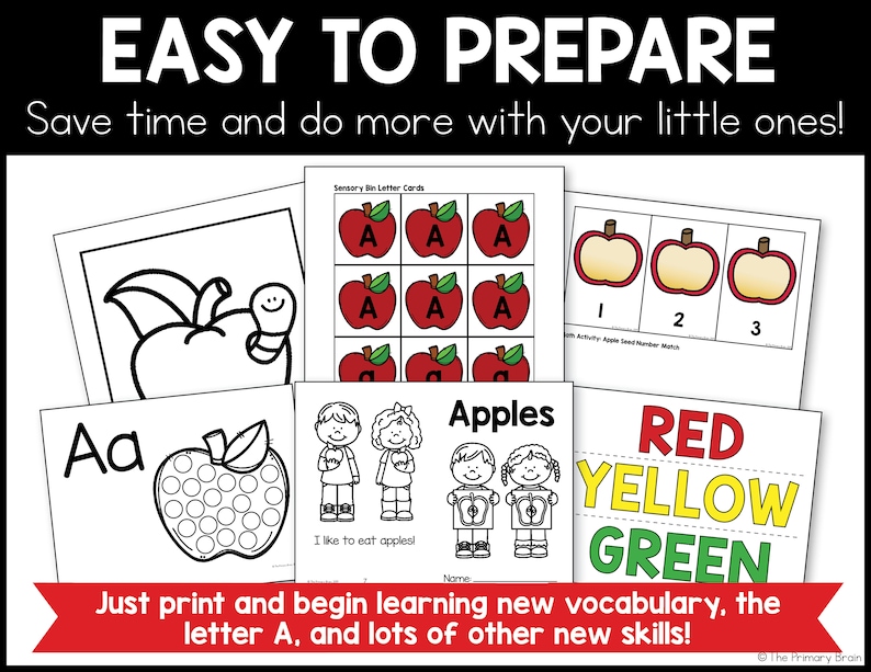 May include: Printable educational worksheets featuring an apple theme. The worksheets include activities for learning the letter A, colors, and counting. The worksheets are black and white and ready to be printed and used.
