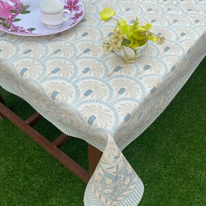 Indian Cotton Block Print Tablecloth: Floral Rectangle Tablecloth