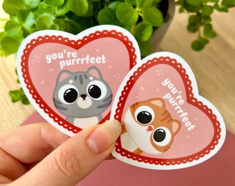 You're Purrrfect Cat Sticker l Heart Shaped Vinyl Decal, Cute Kitty Gift, Waterproof Valentine/Heart Sticker