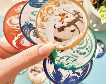 The Four Elements Vinyl Waterproof Stickers | Avatar | Air, Water, Earth, Fire | Cute Fantasy Animal Decals for Laptop & Journal