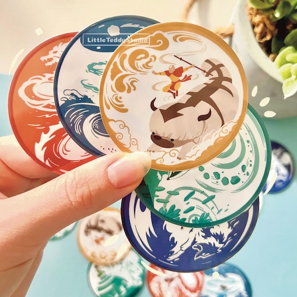 The Four Elements Vinyl Waterproof Stickers | Avatar | Air, Water, Earth, Fire | Cute Fantasy Animal Decals for Laptop & Journal