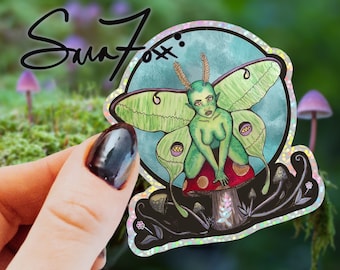 Glitter Luna Moth Fae Shroom Sticker | Laptop, Notebook, Phone Case Sticker featuring Fairy, mushroom and flowers