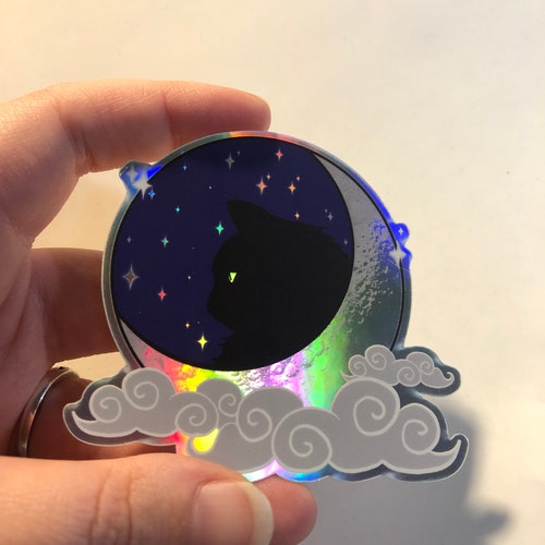 Black Cat in the Moon with Swirl Clouds Holographic Sticker | Witch Cat Moon Vinyl Sticker