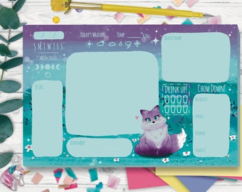 Cute Purple Fox Day Planner with Moon Phase and Water Intake Tracker, Menu and Brain Dump Sections - Perfect for Spring!