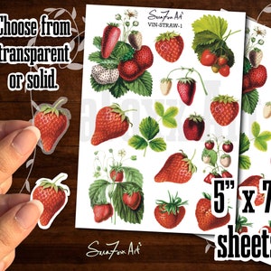 Feuilles d'autocollants pour journal et agenda fraises vintage | Stickers décoratifs Fragaria | Stickers Scrapbooking Illustration Fraise Rouge