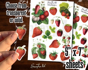 Vintage Strawberry Journal & Planner Sticker Sheets | Fragaria Decorative Stickers | Red Strawberry Illustration Scrapbooking Stickers