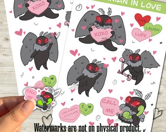 Mothman in Love Sticker Sheet, Cryptid Valentine Planner Stickers, Mythical Creature Stickers, quirky valentines stickers, love themed