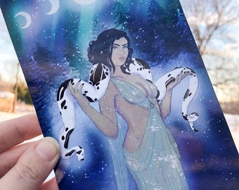 Winter's Moon Holographic Print | Moon Phase Winter Goddess Part Albino Snake Boa Python Art Print | Signed by Artist