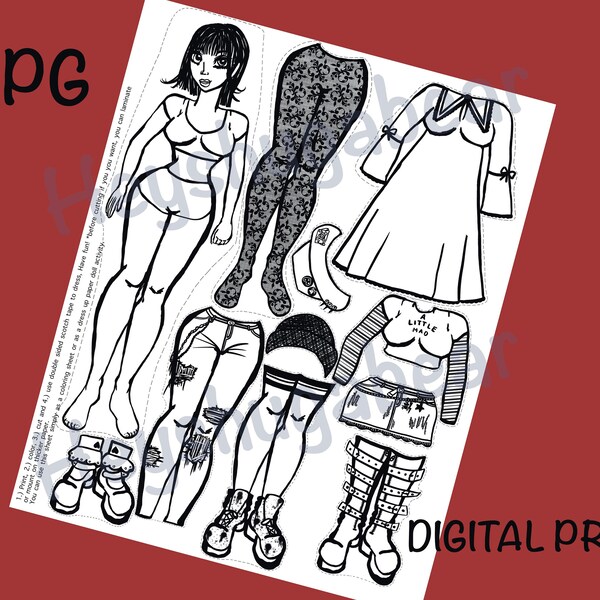 Artsy Rock Glam Girl Fashion Paper Doll Coloring Activity Page JPG Digital Print