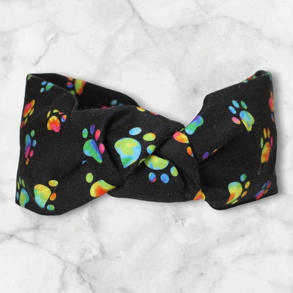 Black and Rainbow Paw Prints, Perfect for School Spirit, Girls Puppy Print Knotted Headband, Multicolor Paw Prints for School